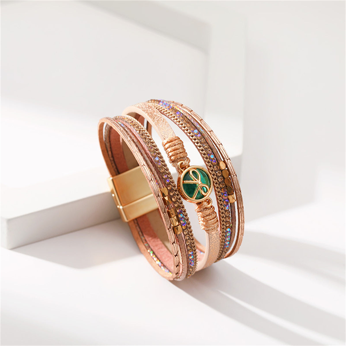 Cubic Zirconia and Polystyrene 18K Gold-Plated Multi-Strand Bracelet, gold bracelet for women, detail close-up