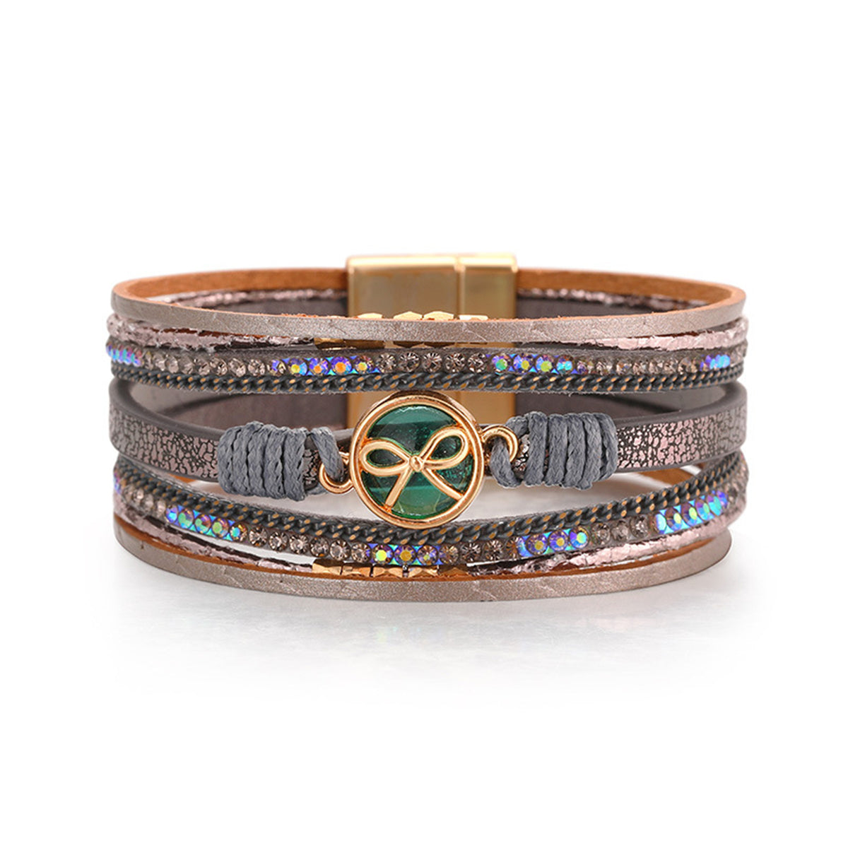 Teal Polystyrene and Cubic Zirconia 18K Gold-Plated Bow Layered Bracelet, gold bracelet for women, everyday style, front view