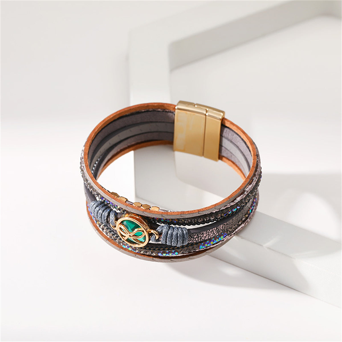 Teal Polystyrene and Cubic Zirconia 18K Gold-Plated Bow Layered Bracelet, gold bracelet for women, lifestyle look