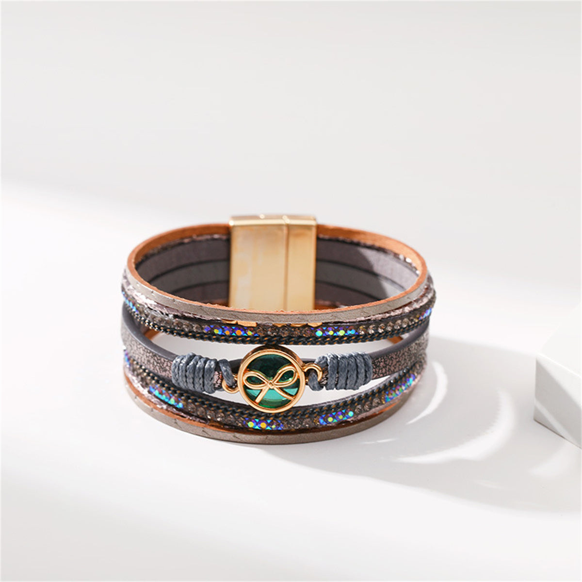 Teal Polystyrene and Cubic Zirconia 18K Gold-Plated Bow Layered Bracelet, gold bracelet for women, everyday style, side view