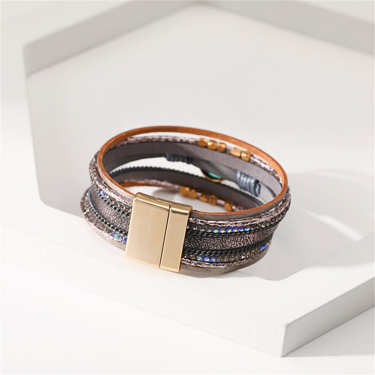 Teal Polystyrene & Cubic Zirconia 18K Gold-Plated Bow Layered Bracelet