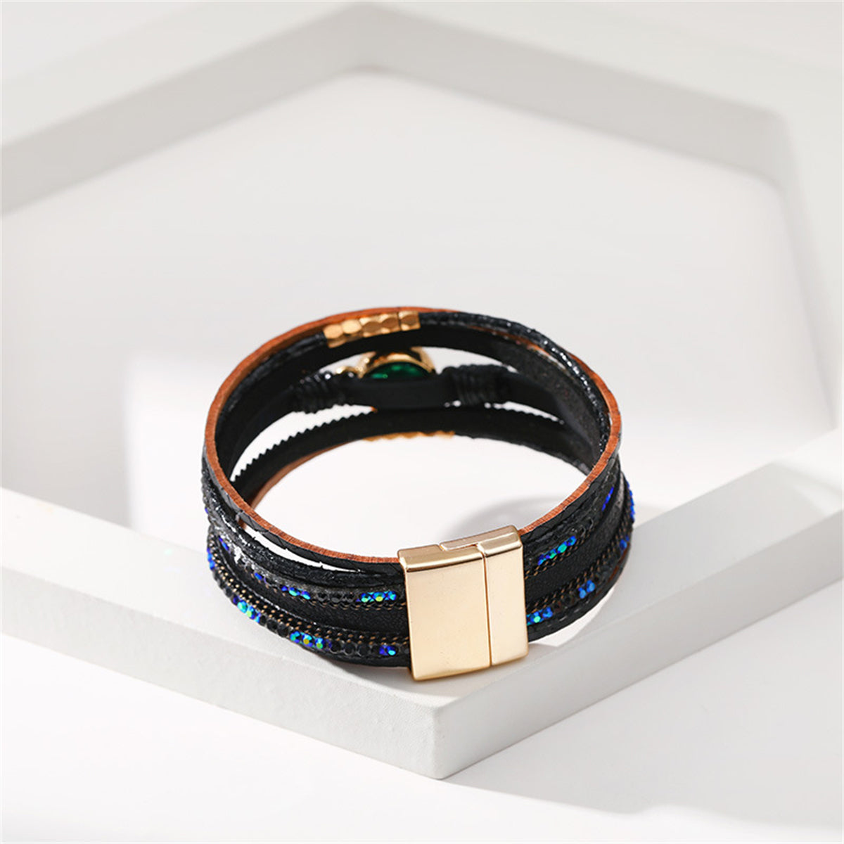 Cubic Zirconia & Black Polystyrene 18K Gold-Plated Multi-Strand Bracelet