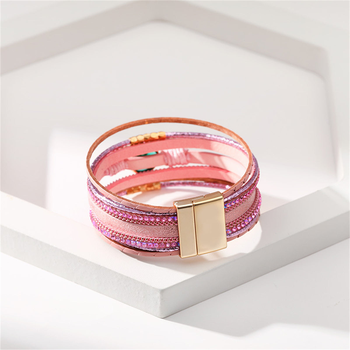 Cubic Zirconia & Pink Polystyrene 18K Gold-Plated Multi-Strand Bracelet
