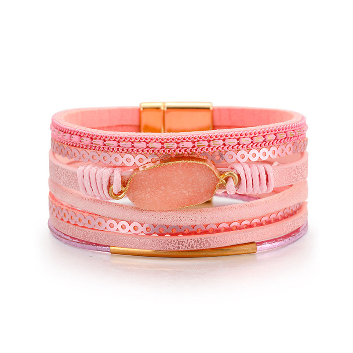 Pink Polystyrene and Resin 18K Gold-Plated Multi-Strand Bracelet, gold bracelet for women, botanical inspired, front view