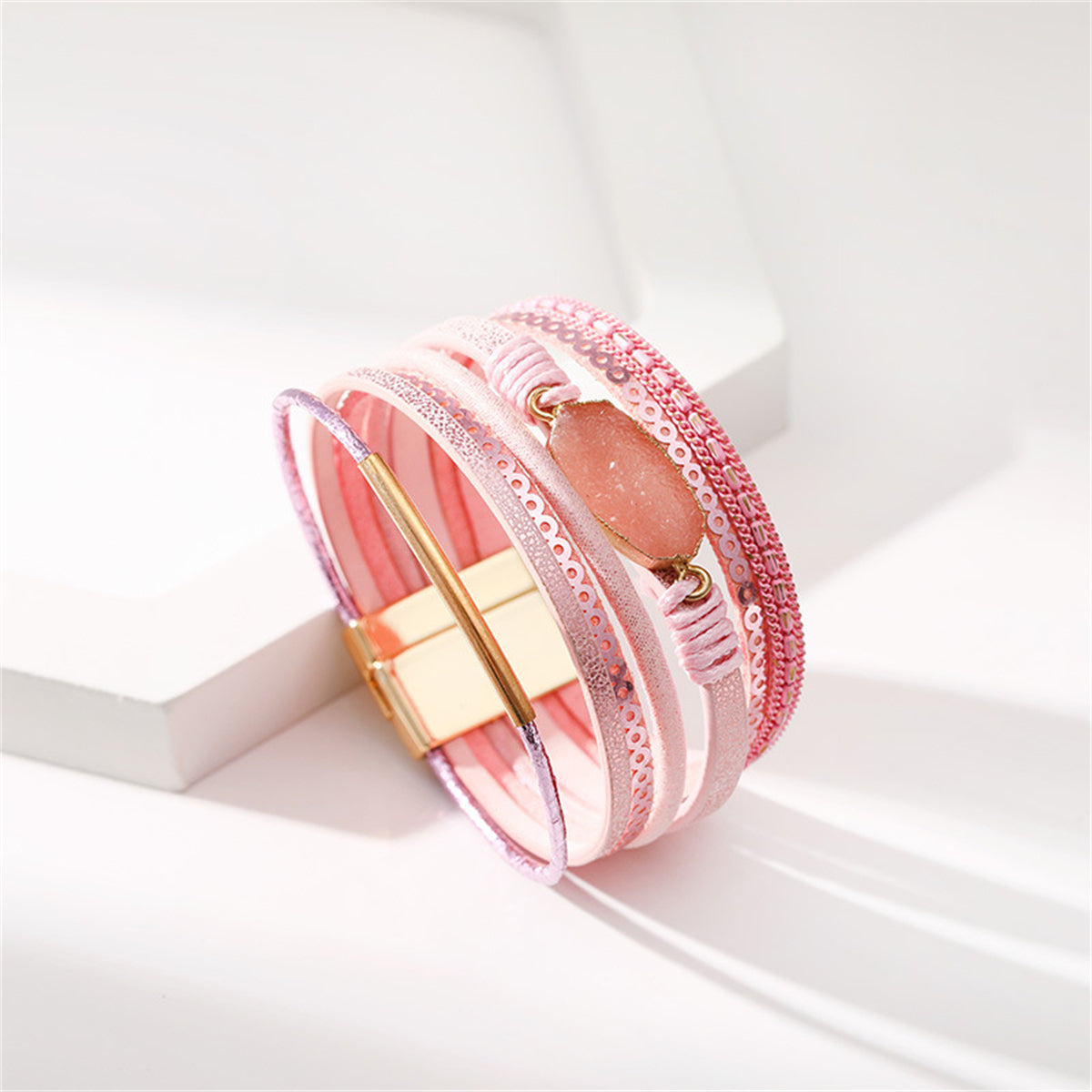 Pink Polystyrene and Resin 18K Gold-Plated Multi-Strand Bracelet, gold bracelet for women, detail close-up