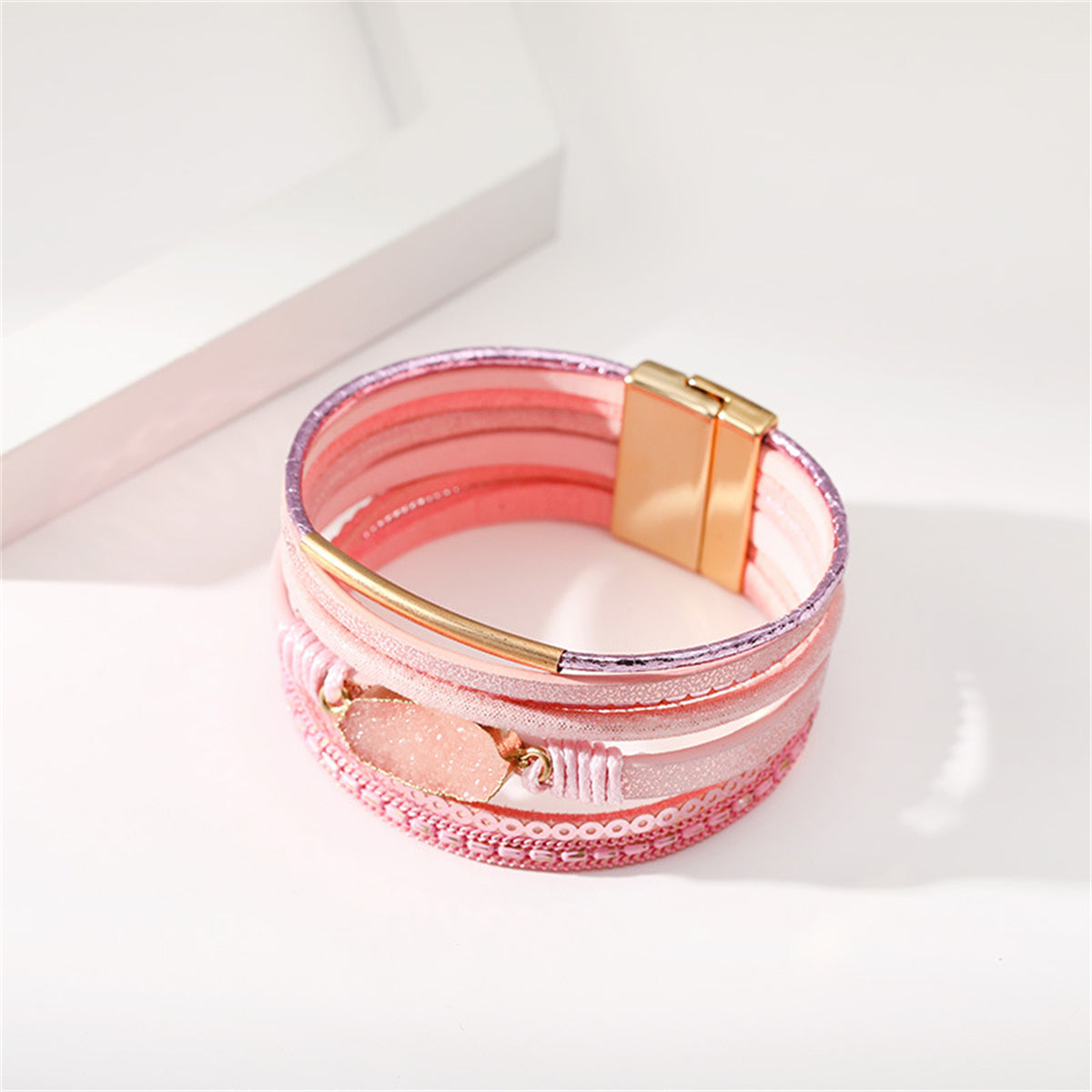 Pink Polystyrene and Resin 18K Gold-Plated Multi-Strand Bracelet, gold bracelet for women, botanical inspired, lifestyle look