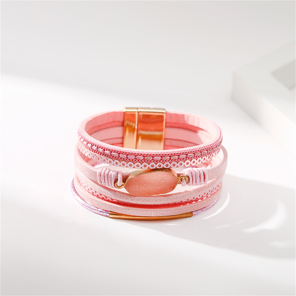 Pink Polystyrene and Resin 18K Gold-Plated Multi-Strand Bracelet, gold bracelet for women, botanical inspired, side view