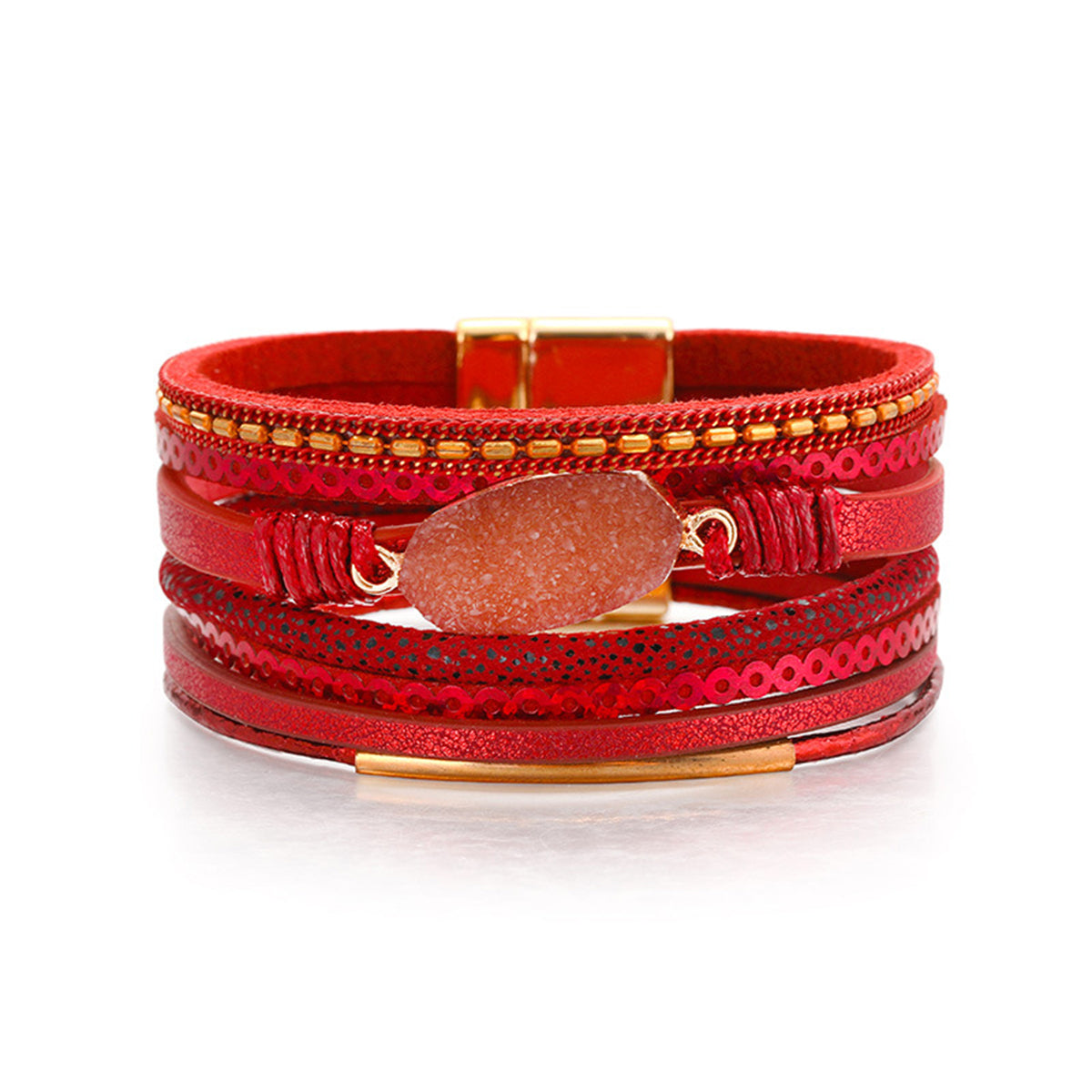 Red Polystyrene and Resin 18K Gold-Plated Druzy Stacked Bracelet, gold bracelet for women, front view