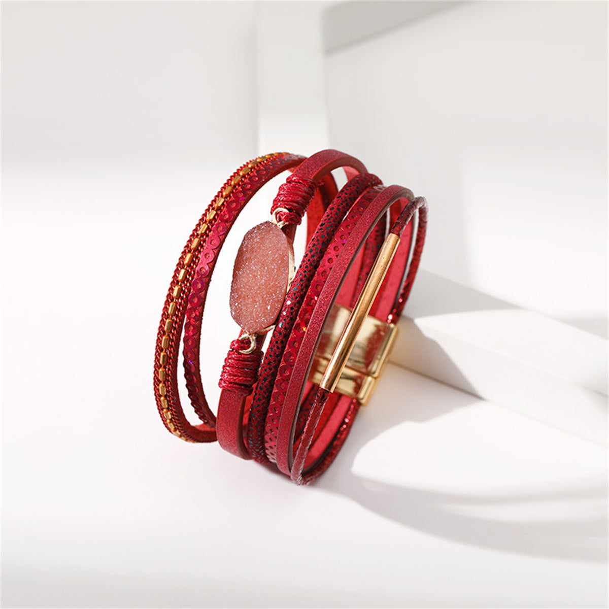 Red Polystyrene and Resin 18K Gold-Plated Druzy Stacked Bracelet, gold bracelet for women, detail close-up