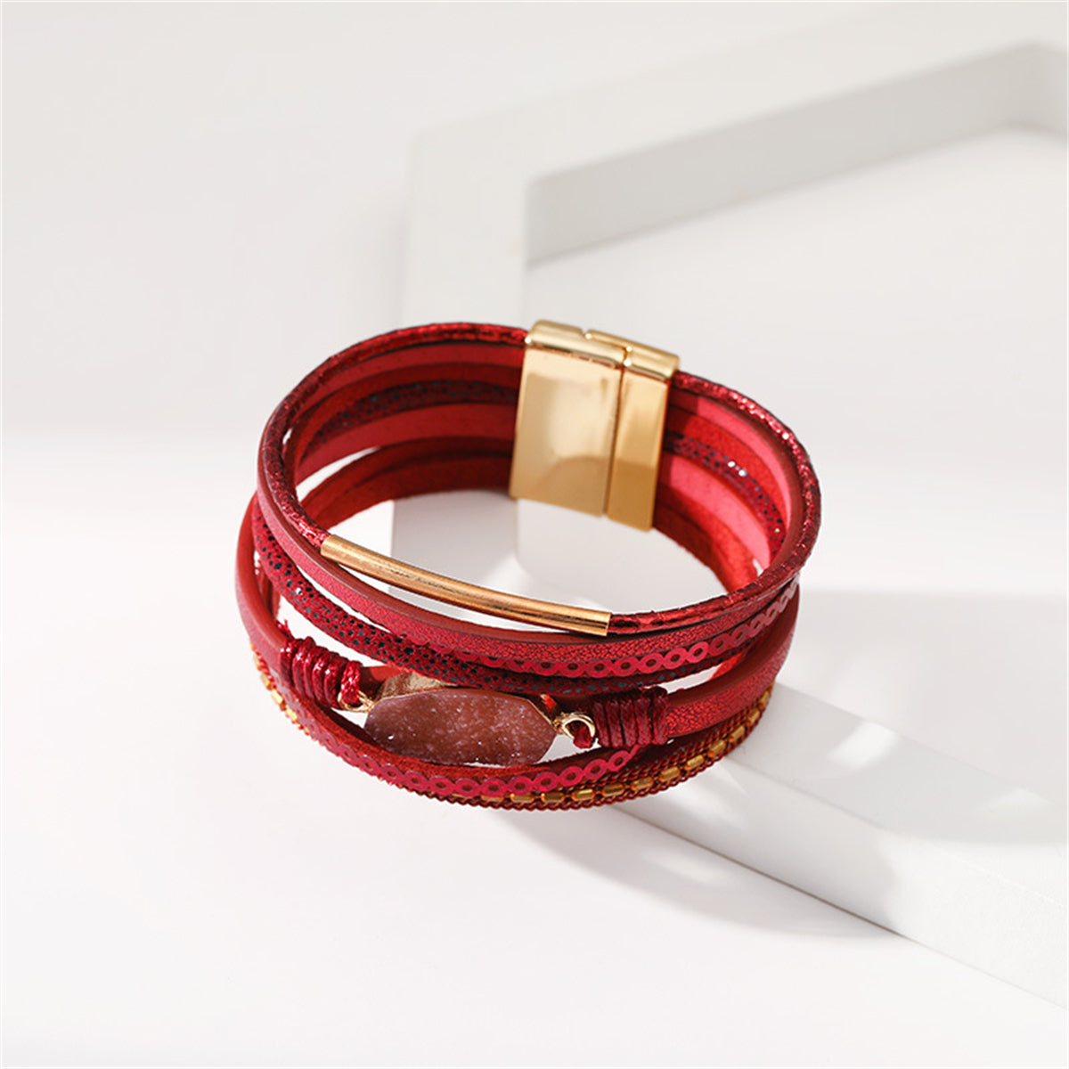 Red Polystyrene & Resin 18K Gold-Plated Druzy Stacked Bracelet