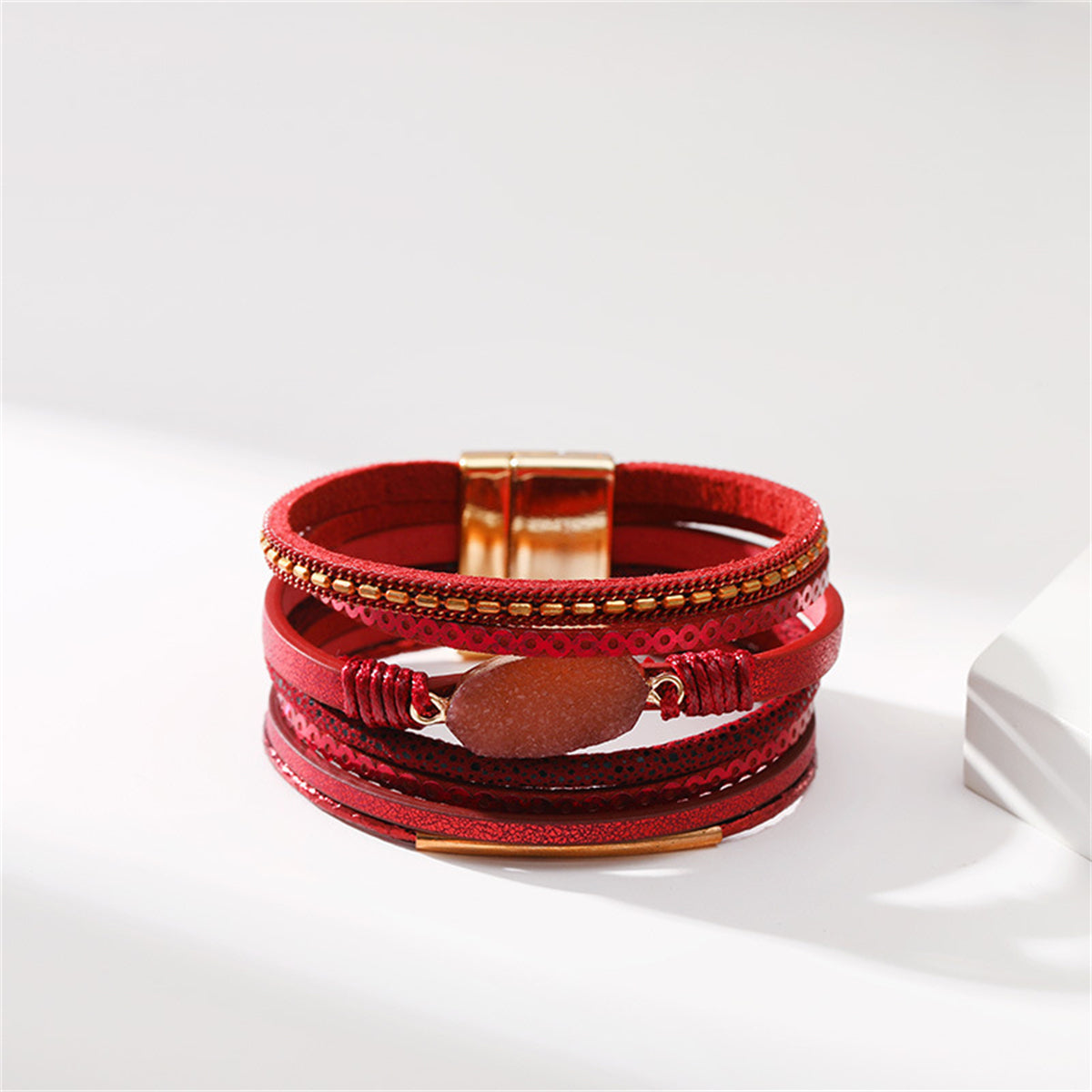Red Polystyrene and Resin 18K Gold-Plated Druzy Stacked Bracelet, gold bracelet for women, side view
