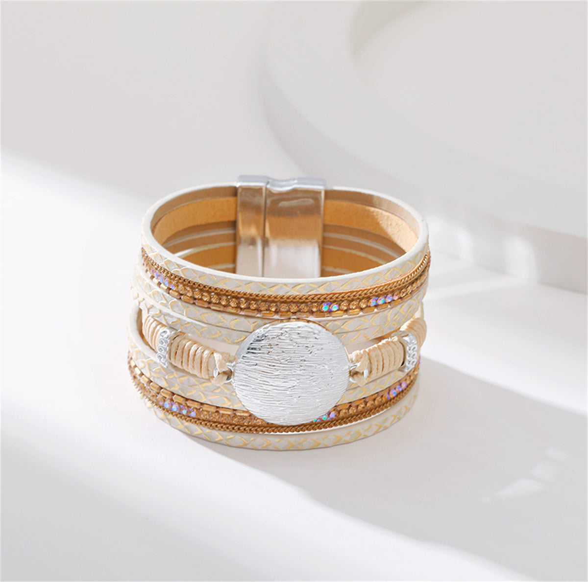 Cubic Zirconia & Beige Polystyrene Round Stacked Bracelet