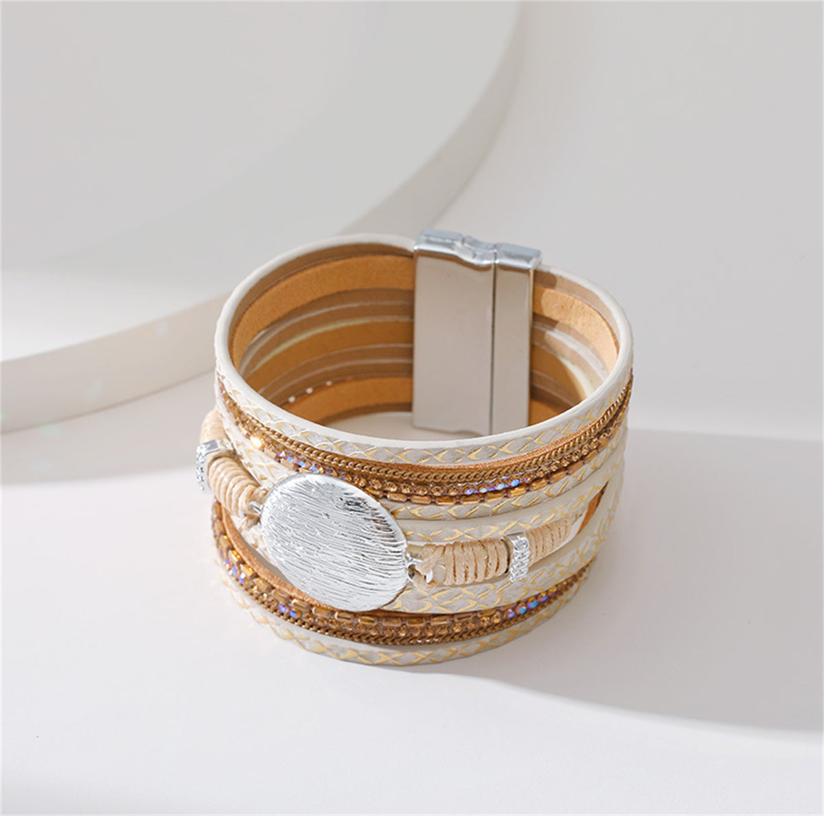 Cubic Zirconia & Beige Polystyrene Round Stacked Bracelet