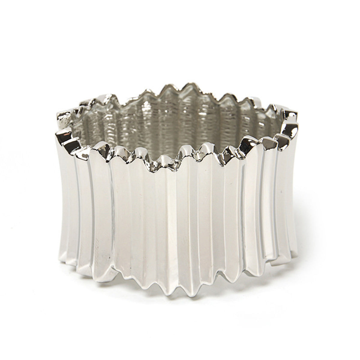 A stylish silver-plated vat bangle adorned with a large, eye-catching metal design, perfect for any occasion.