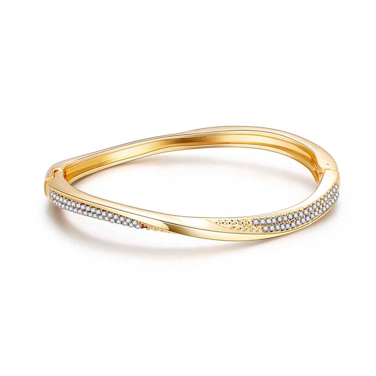 Cubic Zirconia and 18K Gold-Plated Twisted Bangle, gold bangle bracelet, botanical inspired, front view