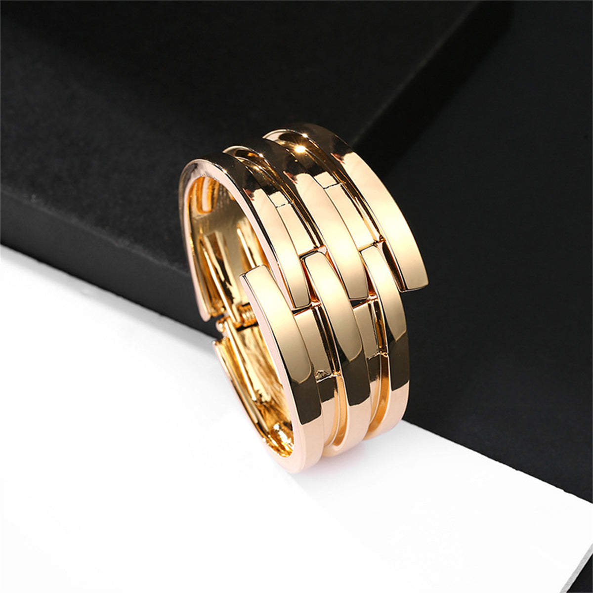 18K Gold-Plated Layered Bypass Bangle, gold bangle bracelet, dainty minimalist design, detail close-up