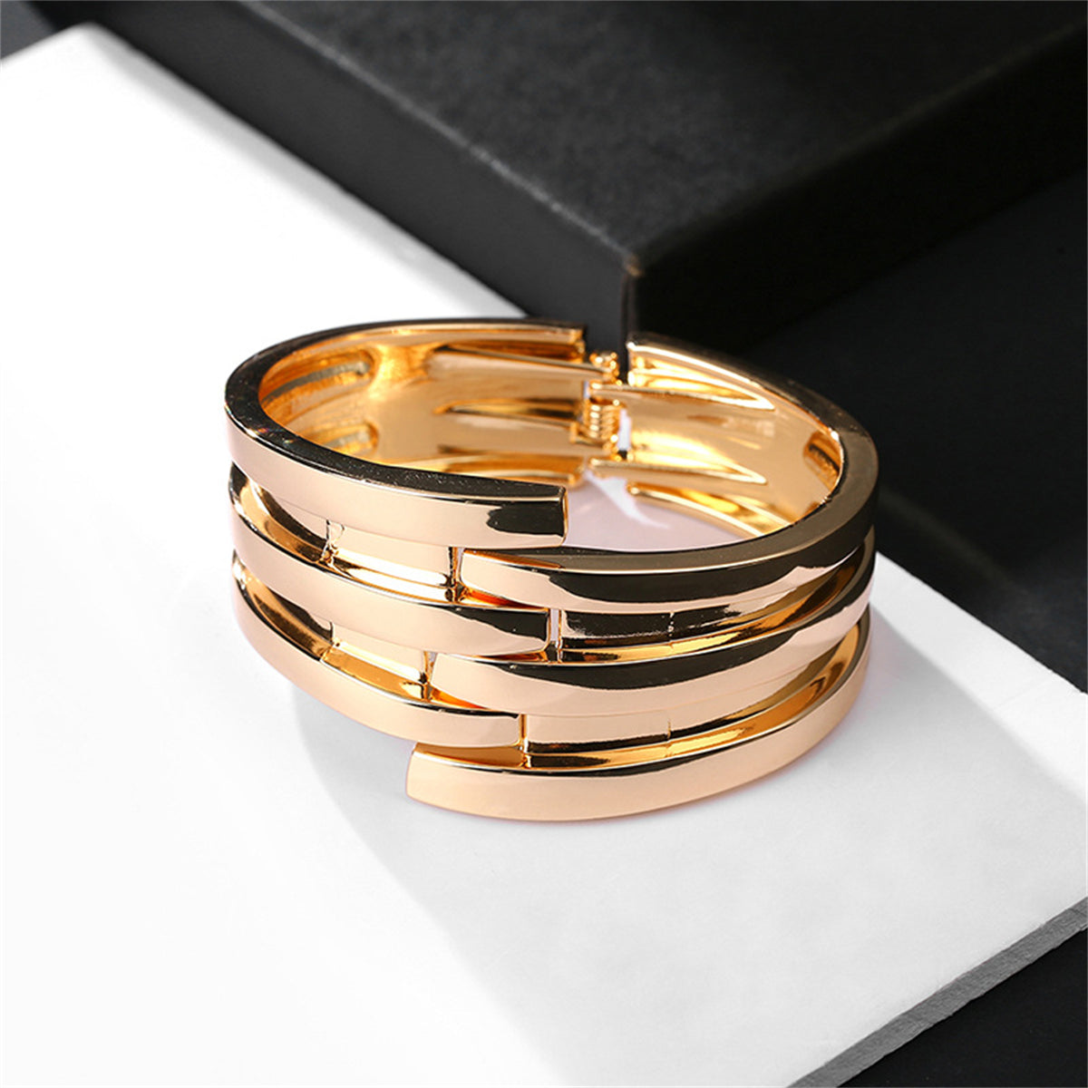 18K Gold-Plated Layered Bypass Bangle, gold bangle bracelet, dainty minimalist design, lifestyle look