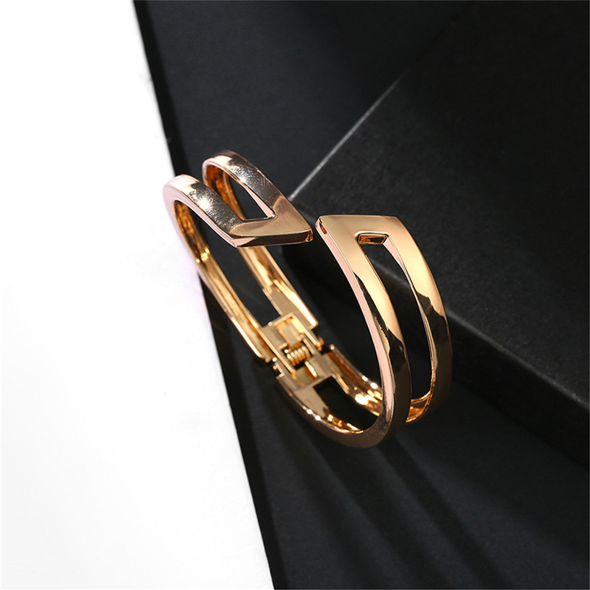 18K Gold-Plated Open Layered Bypass Bangle, gold bangle bracelet, everyday style, detail close-up
