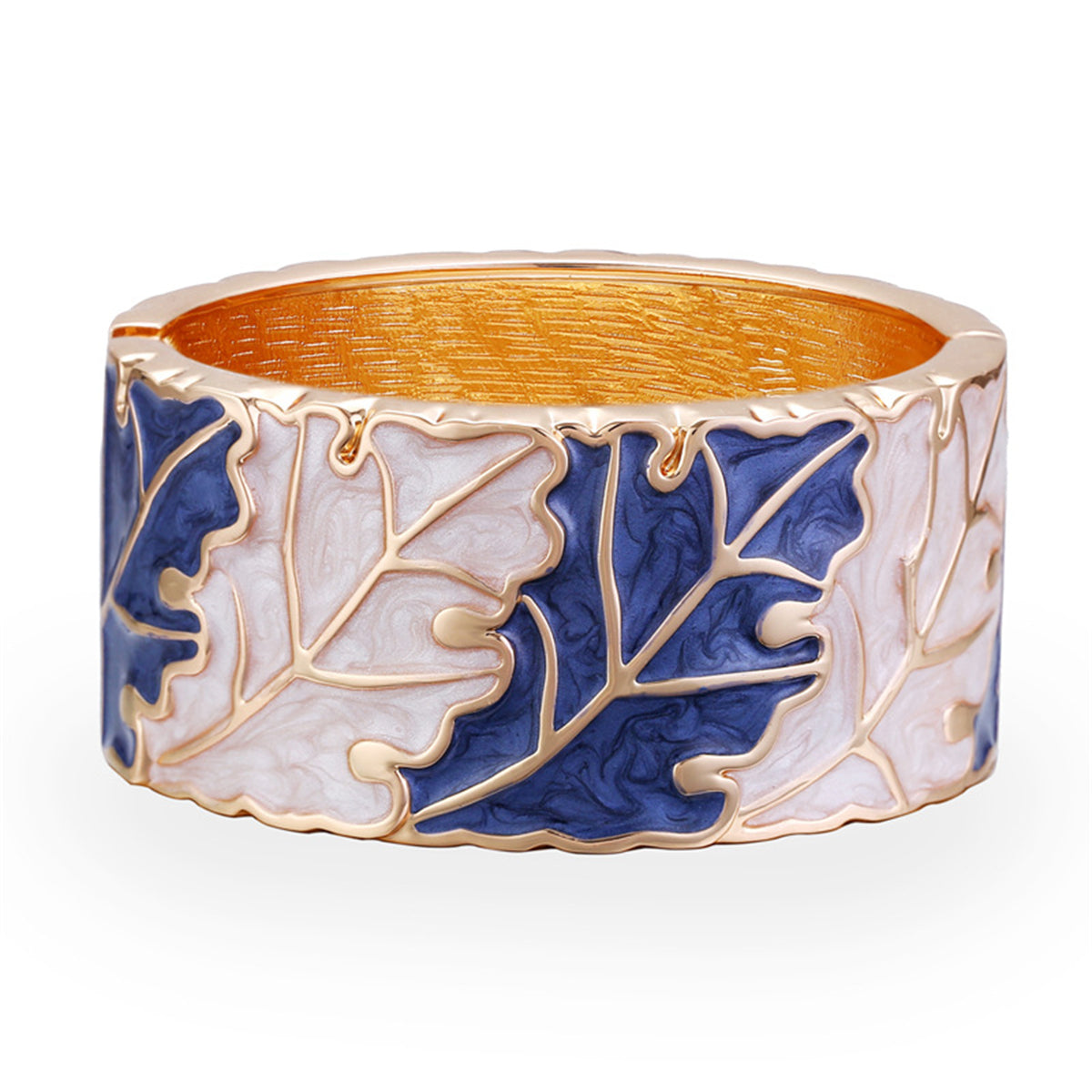 Blue and Apricot Enamel 18K Gold-Plated Leaves Bangle, gold bangle bracelet, elegant gift for her, front view