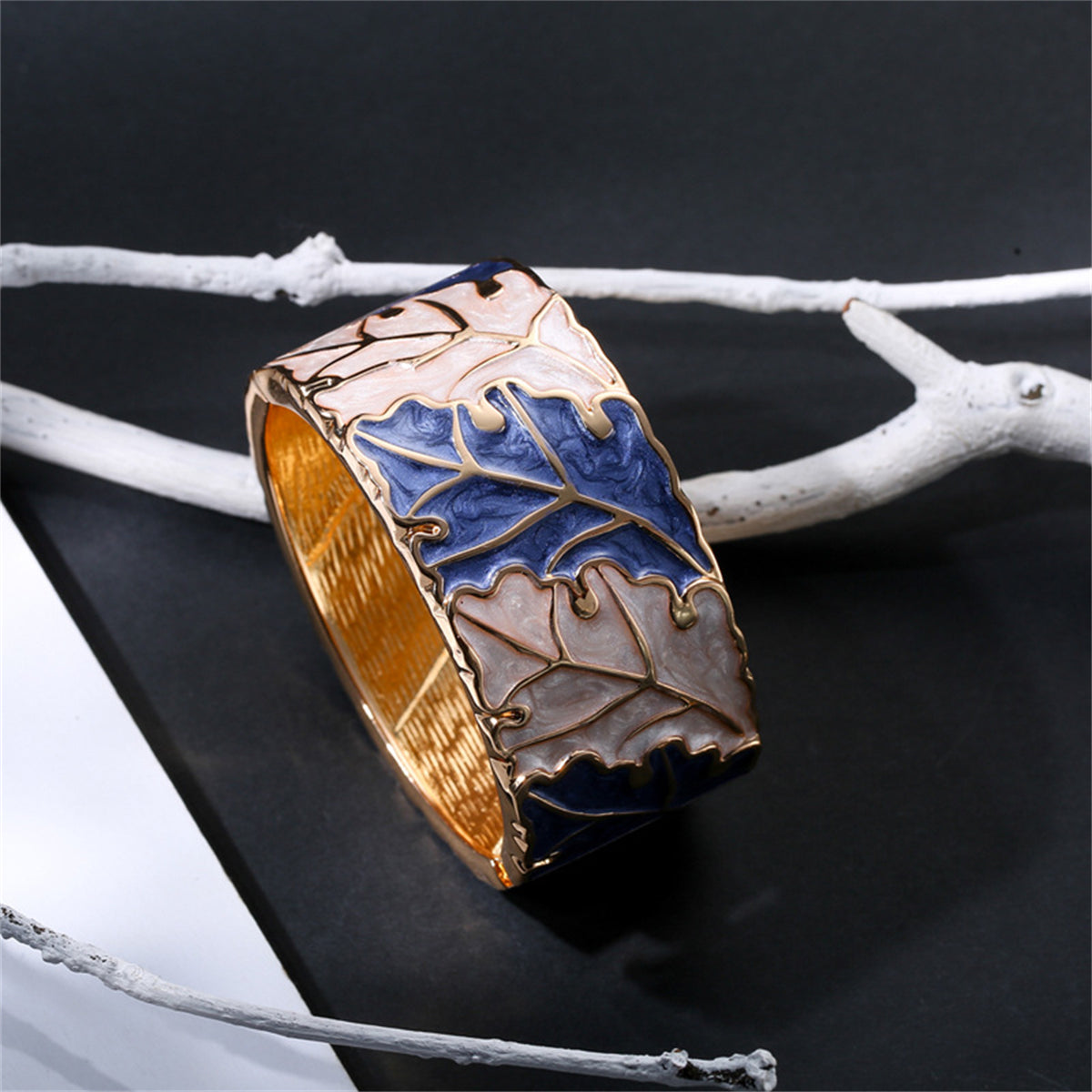 Blue and Apricot Enamel 18K Gold-Plated Leaves Bangle, gold bangle bracelet, elegant gift for her, side view