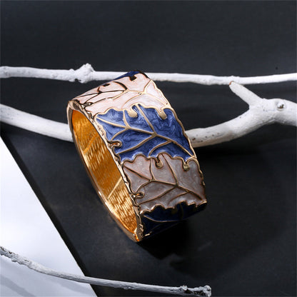 Blue and Apricot Enamel 18K Gold-Plated Leaves Bangle, gold bangle bracelet, elegant gift for her, side view