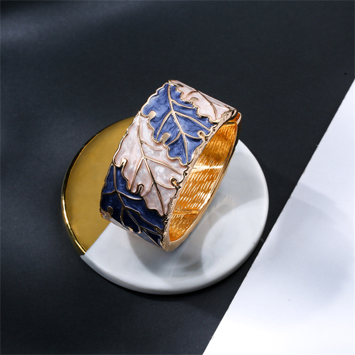 Blue and Apricot Enamel 18K Gold-Plated Leaves Bangle, gold bangle bracelet, elegant gift for her, detail close-up