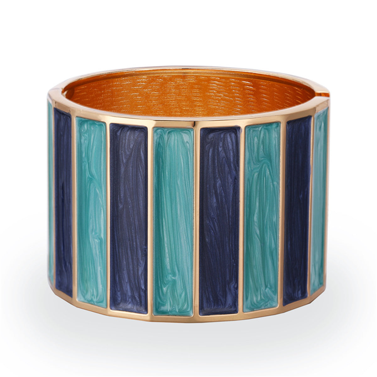 A stylish blue and gold cuff bracelet with striped design, made of blue enamel and adorned with 18K gold plating.