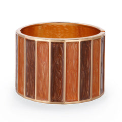 A brown and orange striped cuff bracelet featuring orange enamel and an 18K gold-plated design.