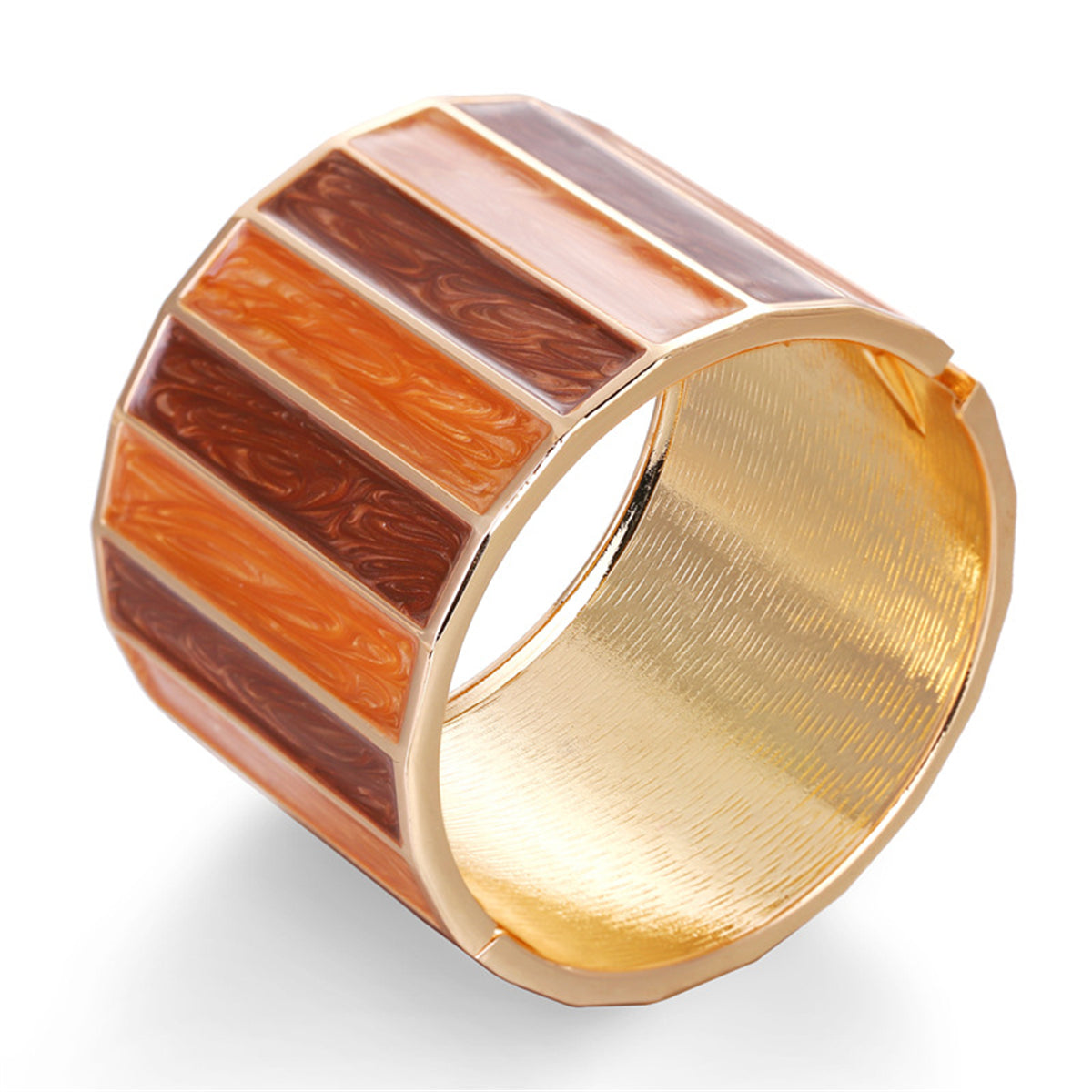 Brown and orange striped cuff bracelet with orange enamel and 18K gold plating, showcasing a stylish bangle design.