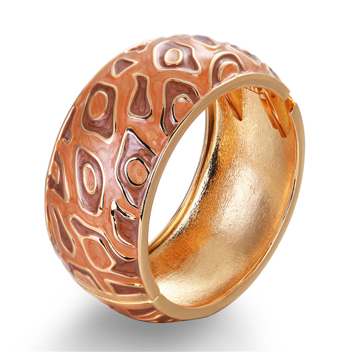 An elegant gold and brown bangle with a decorative pattern, made of brown enamel and 18K gold plating.