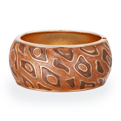 A stylish gold and brown bangle showcasing a unique pattern, designed with brown enamel and 18K gold plating.
