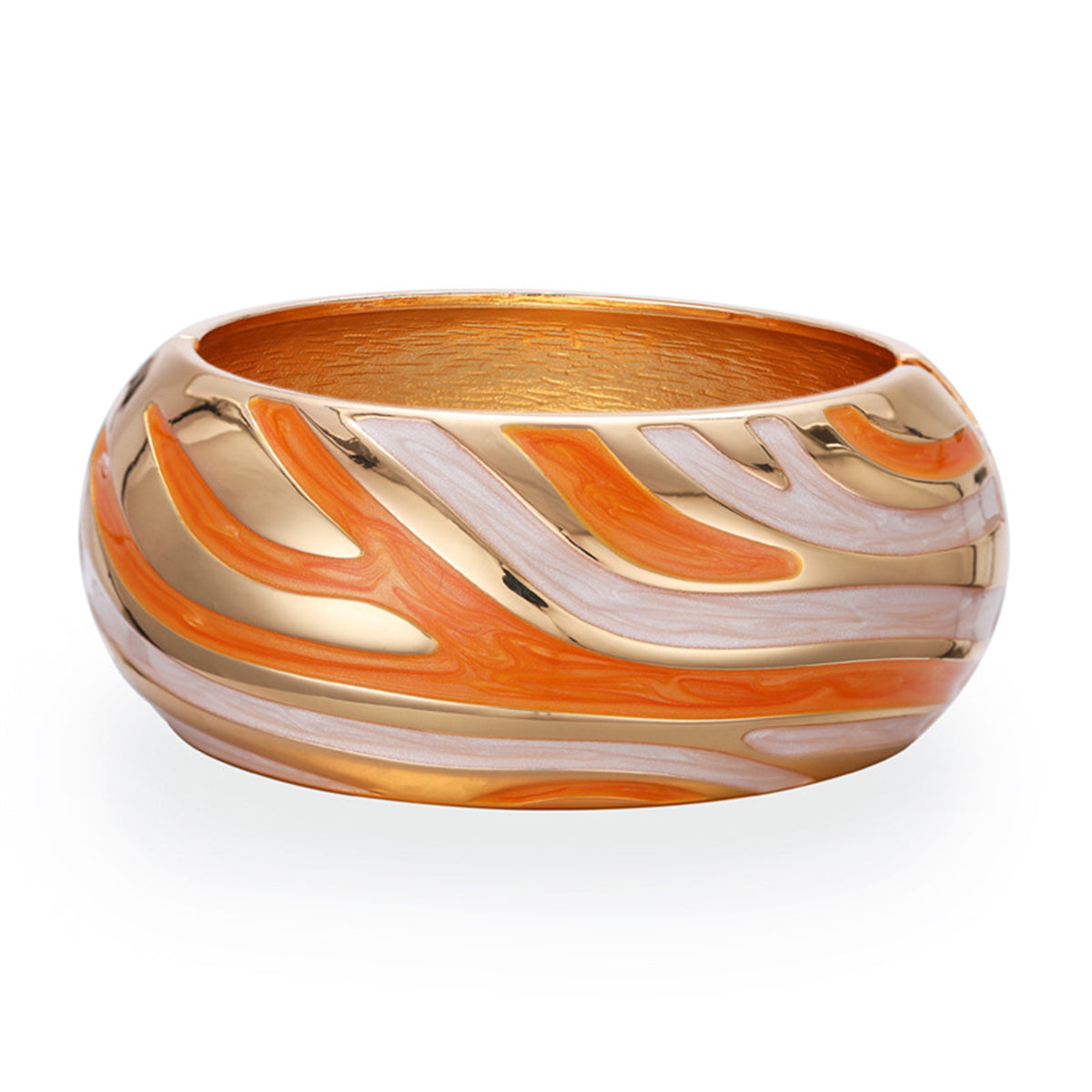 A gold and orange bracelet featuring a swirl design, crafted from orange enamel and 18K gold-plated materials.