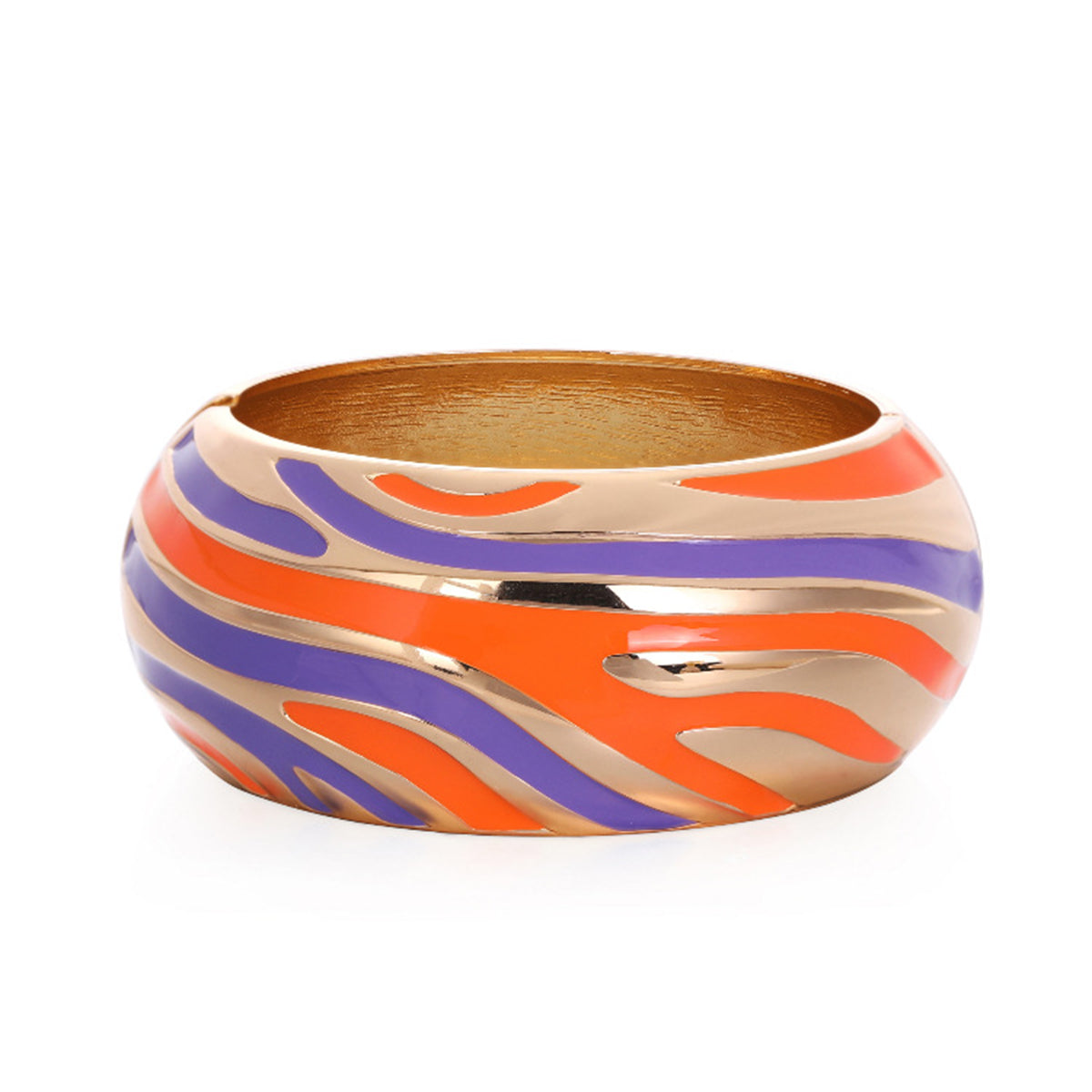 An orange and blue striped bracelet featuring gold accents, showcasing a vibrant design with 18K gold-plated stripes.