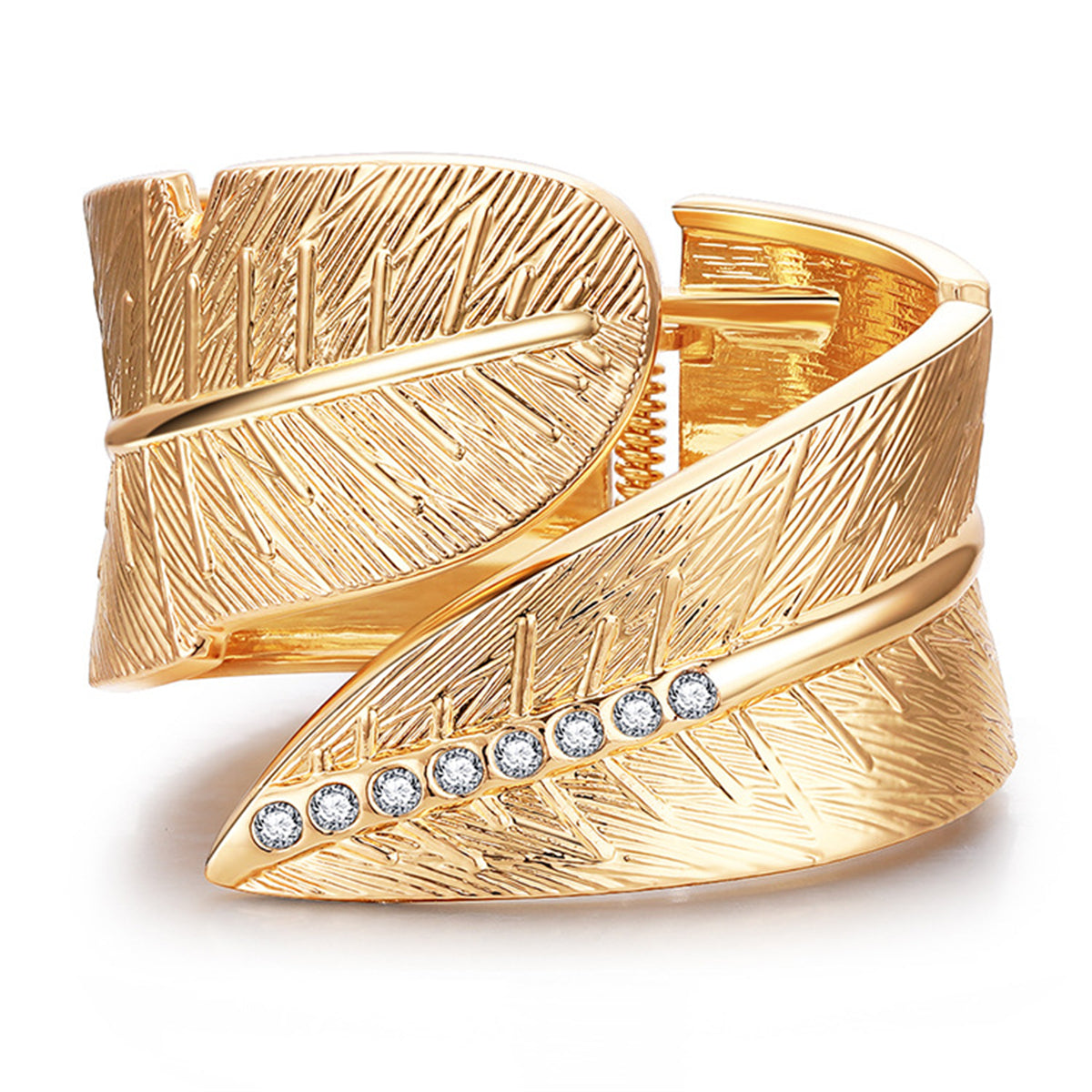 Cubic Zirconia and 18K Gold-Plated Feather Bypass Bangle, gold bangle bracelet, elegant gift for her, front view