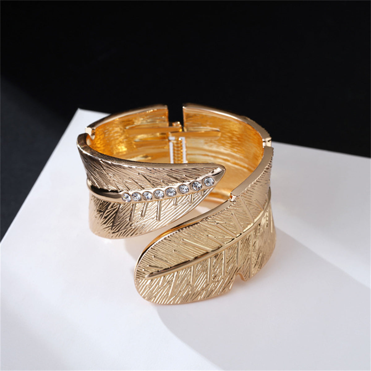 Cubic Zirconia and 18K Gold-Plated Feather Bypass Bangle, gold bangle bracelet, elegant gift for her, side view