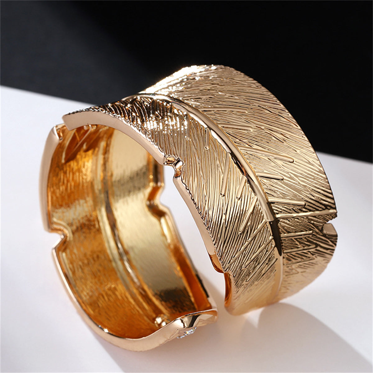 Cubic Zirconia and 18K Gold-Plated Feather Bypass Bangle, gold bangle bracelet, elegant gift for her, detail close-up