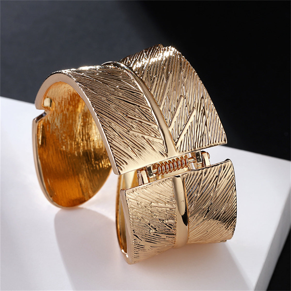 Cubic Zirconia and 18K Gold-Plated Feather Bypass Bangle, gold bangle bracelet, elegant gift for her, lifestyle look