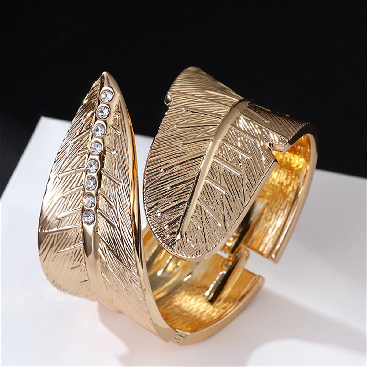 Cubic Zirconia and 18K Gold-Plated Feather Bypass Bangle, gold bangle bracelet, elegant gift for her, styled look