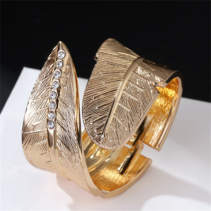 Cubic Zirconia and 18K Gold-Plated Feather Bypass Bangle, gold bangle bracelet, elegant gift for her, styled look