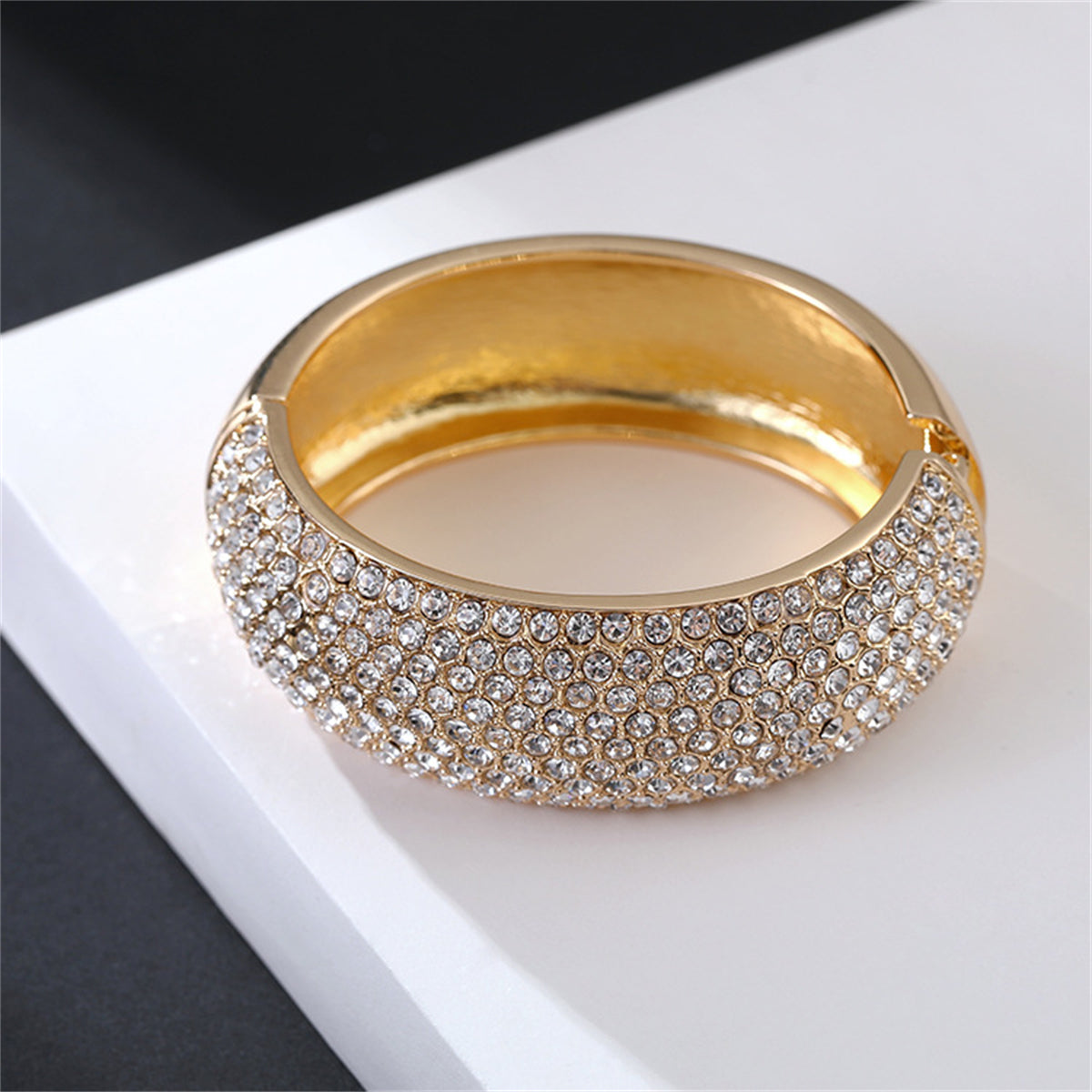 Cubic Zirconia and 18K Gold-Plated Bangle, gold bangle bracelet, dainty minimalist design, side view