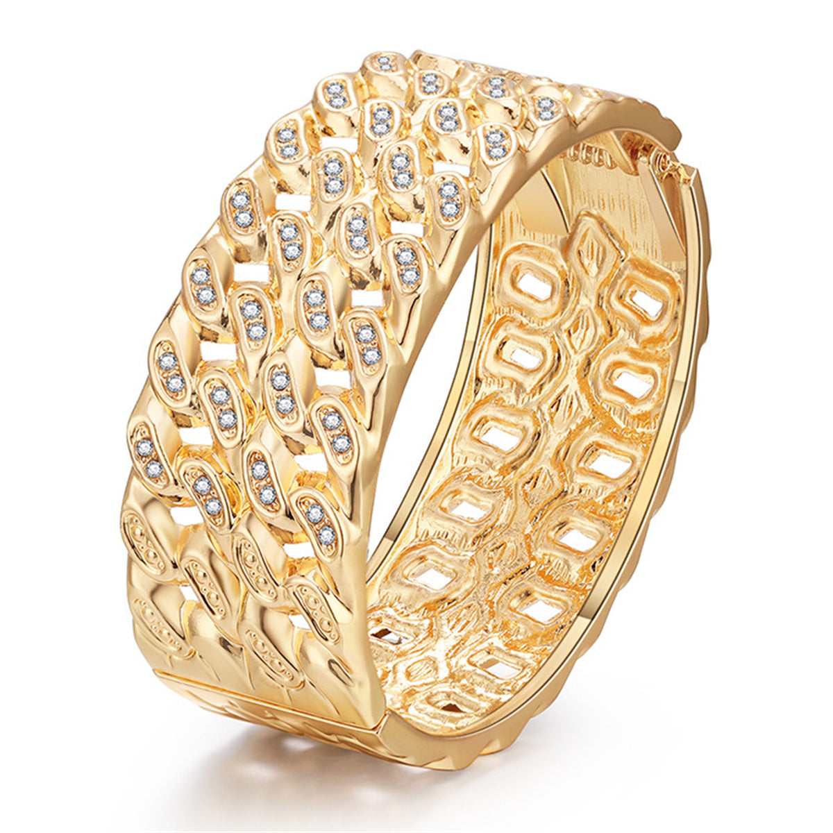 Cubic Zirconia and 18K Gold-Plated Stacked Curb Chain Bangle, gold bangle bracelet, everyday style, front view