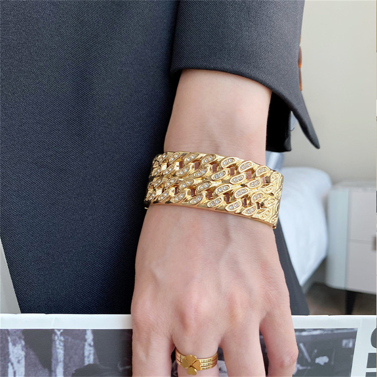 Cubic Zirconia and 18K Gold-Plated Stacked Curb Chain Bangle, gold bangle bracelet, everyday style, styled look