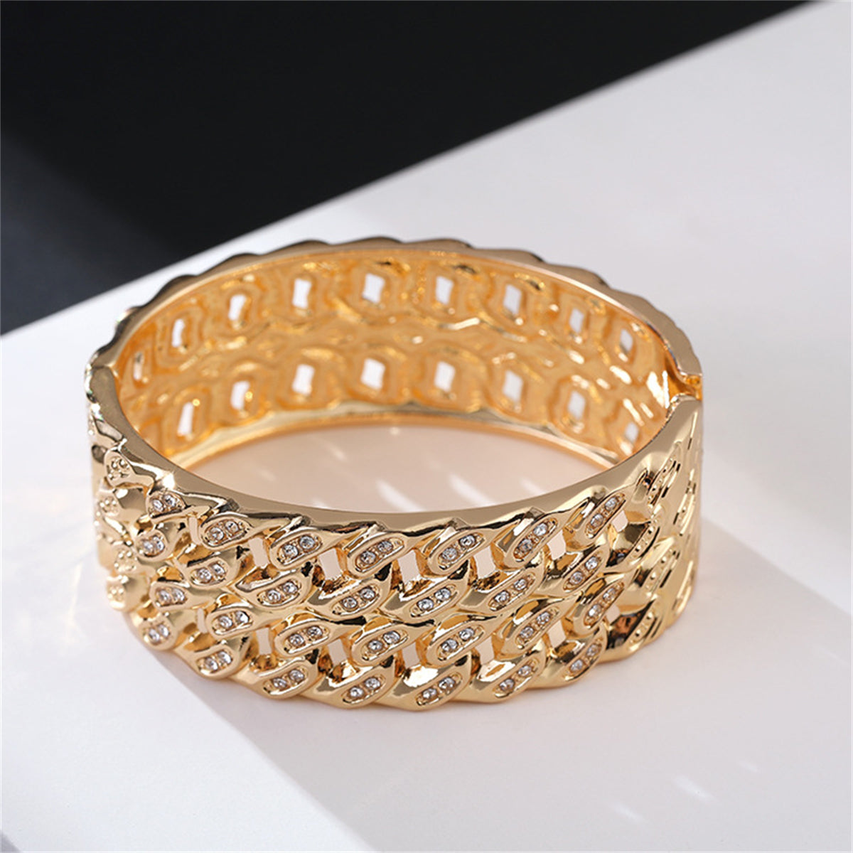 Cubic Zirconia & 18K Gold-Plated Stacked Curb Chain Bangle