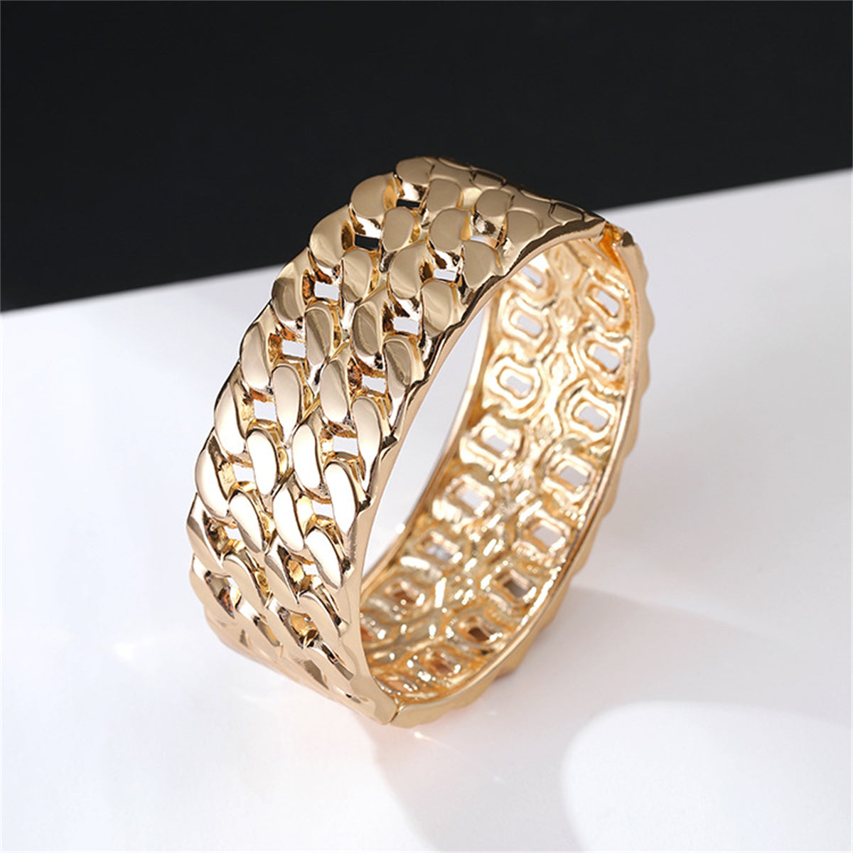 Cubic Zirconia and 18K Gold-Plated Stacked Curb Chain Bangle, gold bangle bracelet, everyday style, detail close-up
