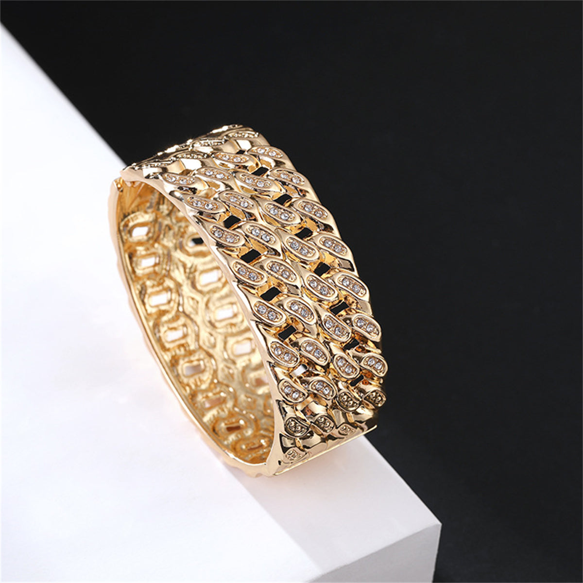 Cubic Zirconia and 18K Gold-Plated Stacked Curb Chain Bangle, gold bangle bracelet, everyday style, lifestyle look