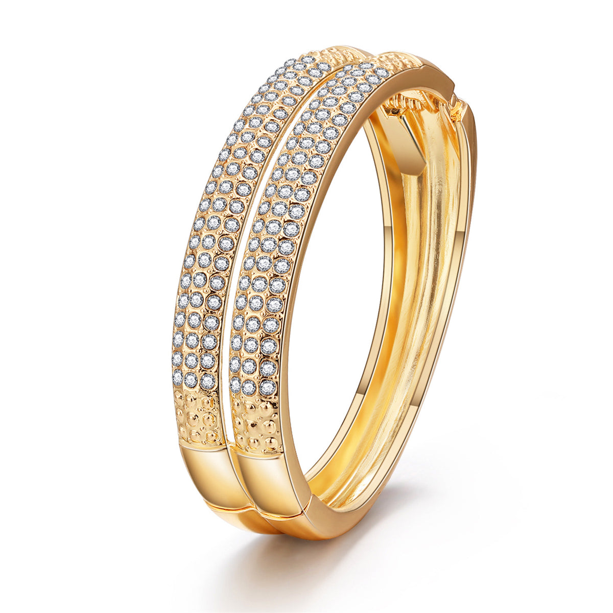 Cubic Zirconia and 18K Gold-Plated Stacked Bangle, gold bangle bracelet, botanical inspired, front view