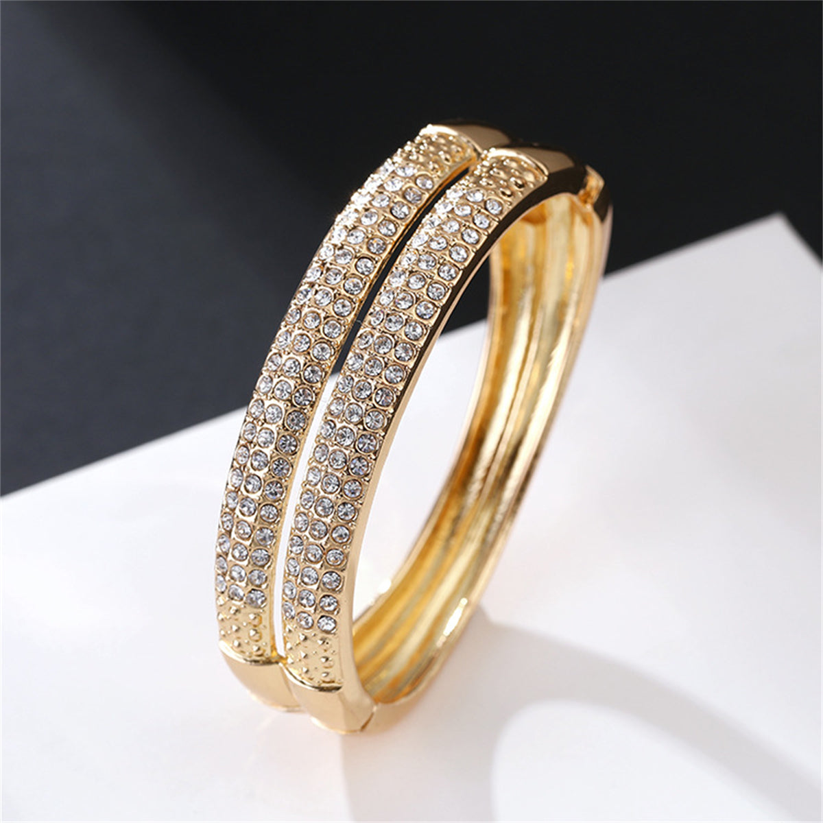 Cubic Zirconia and 18K Gold-Plated Stacked Bangle, gold bangle bracelet, botanical inspired, styled look