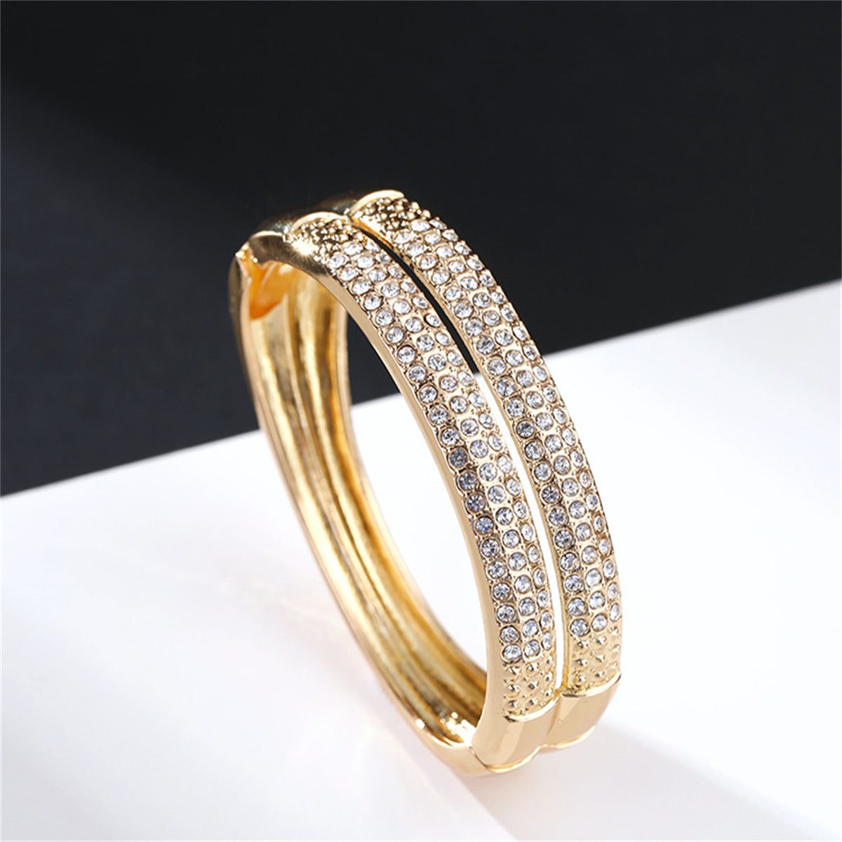 Cubic Zirconia and 18K Gold-Plated Stacked Bangle, gold bangle bracelet, botanical inspired, side view