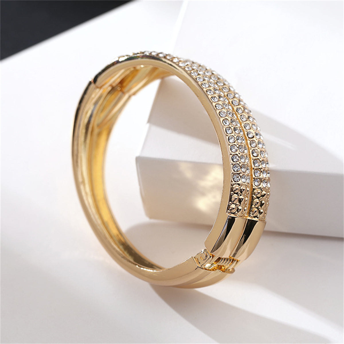 Cubic Zirconia and 18K Gold-Plated Stacked Bangle, gold bangle bracelet, botanical inspired, detail close-up