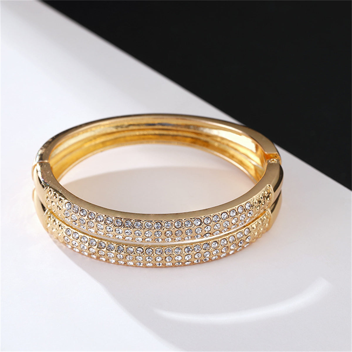 Cubic Zirconia and 18K Gold-Plated Stacked Bangle, gold bangle bracelet, botanical inspired, lifestyle look
